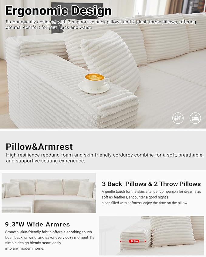 105 Inch Modular Sectional Sofa,Modern Cloud Sectional Couch with Deep Seat,Corduroy Boneless Couches with L-Shape Chaise for Living Room Bedroom,No Assembly Required (White, Left Facing Chaise)