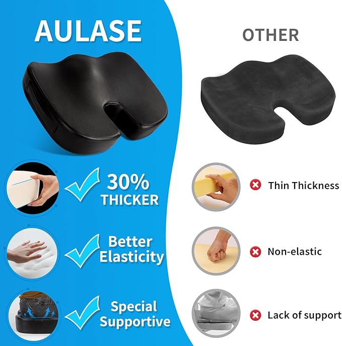 Aulase Luxury Seat Cushion, 3 Inch Thick Memory Foam for Pressure Relief, Sciatica, Tailbone Pain & Back Pain Relief, Multi-Use for Bleachers, Car, Gaming, Office Chair
