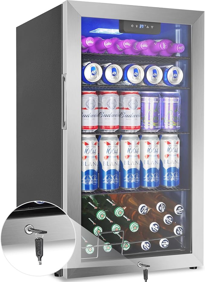 128 Cans Beverage Refrigerator Cooler, 3.2 Cu.Ft Mini Drink Fridge Glass Door for Drink Beer Soda Wine, Beer Fridge with 4...
