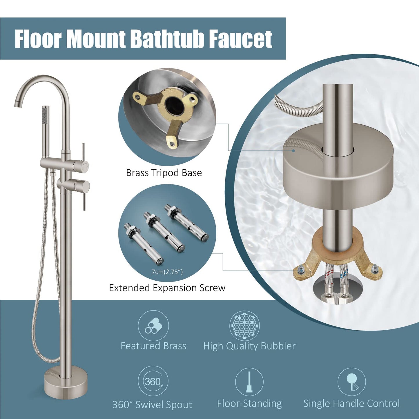 Aolemi Floor Mount Bathtub Faucet Freestanding Tub Filler Standing High Flow Shower Faucets Shower Mixer Taps, Swivel Gooseneck Spout with Cylinder Handheld Brushed Nickel
