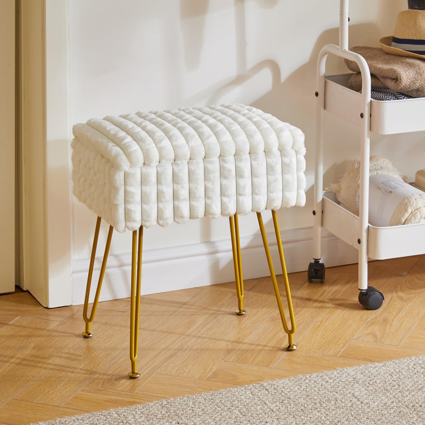 IBUYKE Rectangle Vanity Chair with Storage Space, Footrest Footstool Ottoman, Vanity Stool, Dressing Table Chair, with Anti-Slip Feet, for Makeup Room, Bedroom, Square Grid Pattern, White WBD004W