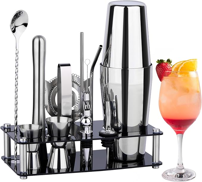 Cocktail Shaker Set Bartender Kit : 15-Piece Bar Tool Set with Acrylic Stand Bars Set with All Practical Bar Accessories, ...