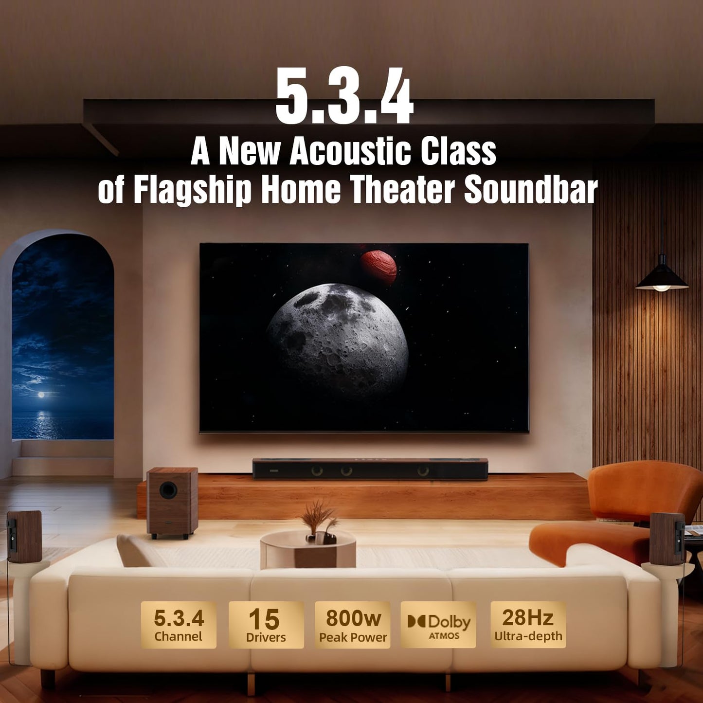 Hiwill-Audio Flagship 5.3.4 Surround Sound System with Dolby Atmos, Soundbar with 2 Wireless Surrounds, 28Hz BassCoupling Tech, 800W Home Theater Sound Bar for Smart TV w/eARC, BT 5.4, Color: Brown