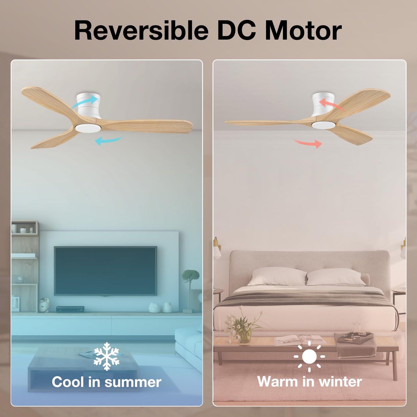 52” Wood Ceiling Fans with Lights Remote,Low Profile Flush Mount Ceiling Fan with Light,Outdoor Indoor Modern Ceiling fans for Bedroom Living room Patio,Light Wood&White,3 Blades,Dimmable LED,Quiet
