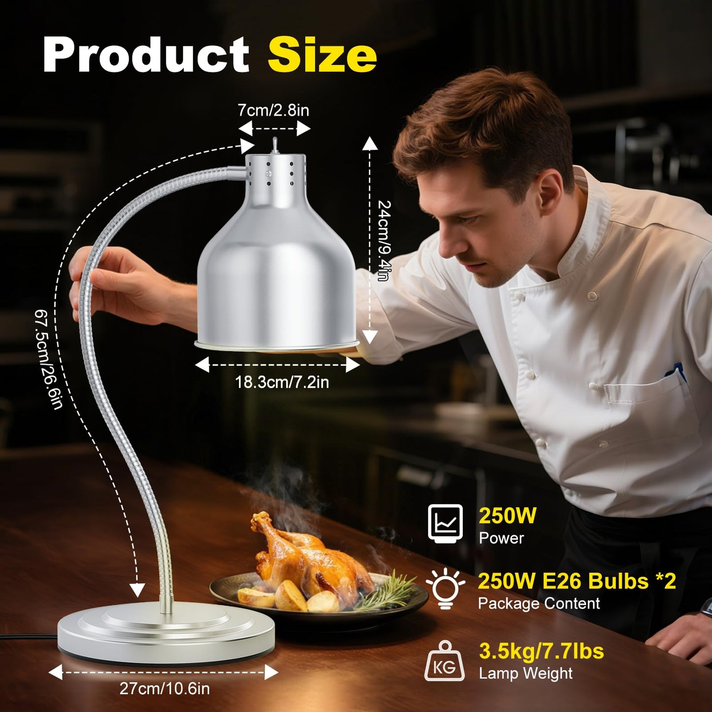 BOEASTER Food Heat Lamp, Single Head 250W Stainless Steel Commercial Food Warmer Lamp with 2 Bulbs, 360° Adjustable Portable Electric Warming Light for Restaurant Kitchen Buffet Counter Party Catering
