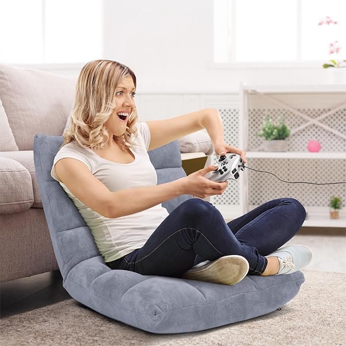 Folding Floor Chair w/Back Support, 14-Position Adjustable Lazy Sofa Chair w/Coral Velvet Fabric & Alloy Steel Frame, Portable Meditation Chair for Reading, Gaming,Sleeping (Grey)