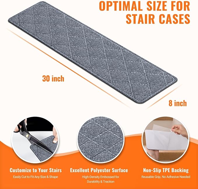 Stair Treads Non-Slip for Wooden Steps, 15Pack - 8" x 30" Edging Stair Runner Indoor for Kids Elders & Pets, Washable Carpet Stair Treads with Peel & Stick Reusable TPE Backing, Grey
