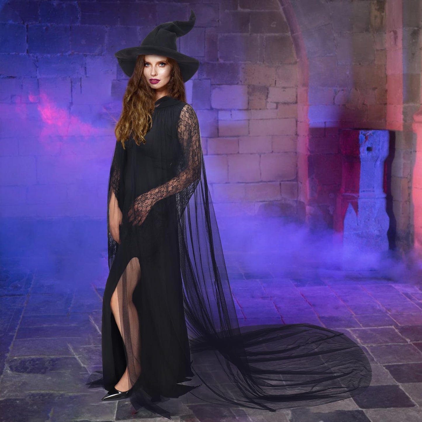 Ultrafun Halloween Witch Hat Costume for Women Full Length Sheer Witch Cloak with Hood for Cosplay Costume (Black)