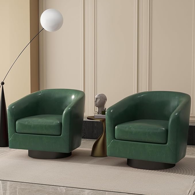 UIXE Faux Leather Swivel Accent Chairs, Modern Upholstered Barrel Club Chair for Living Room, Round Armchair Single Sofa Bedroom Side Reading Seat - Green, Set of 2