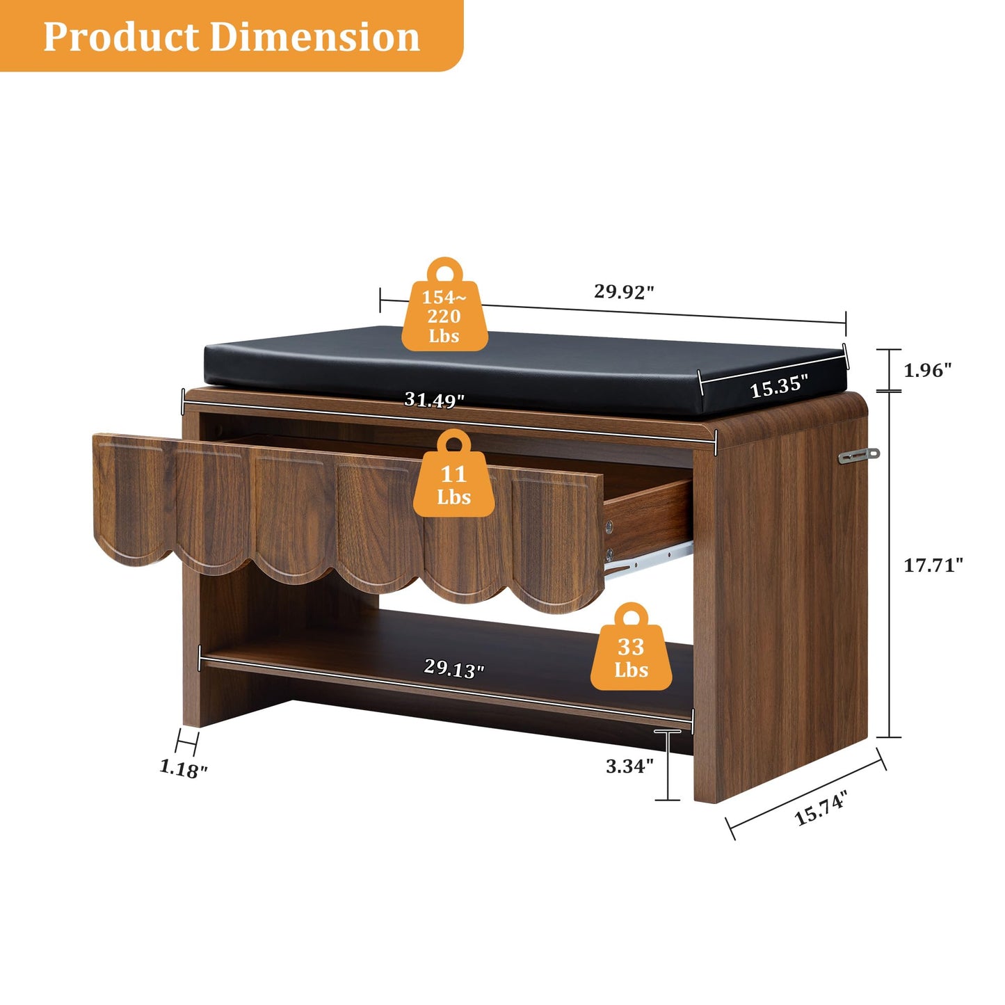 Shoe Storage Bench with Cushion, Shoe Rack Organizer Cabinet Bench with Wave Panel Drawer and Open Shelf for Entryway, Hallway, Living Room (Walnut)