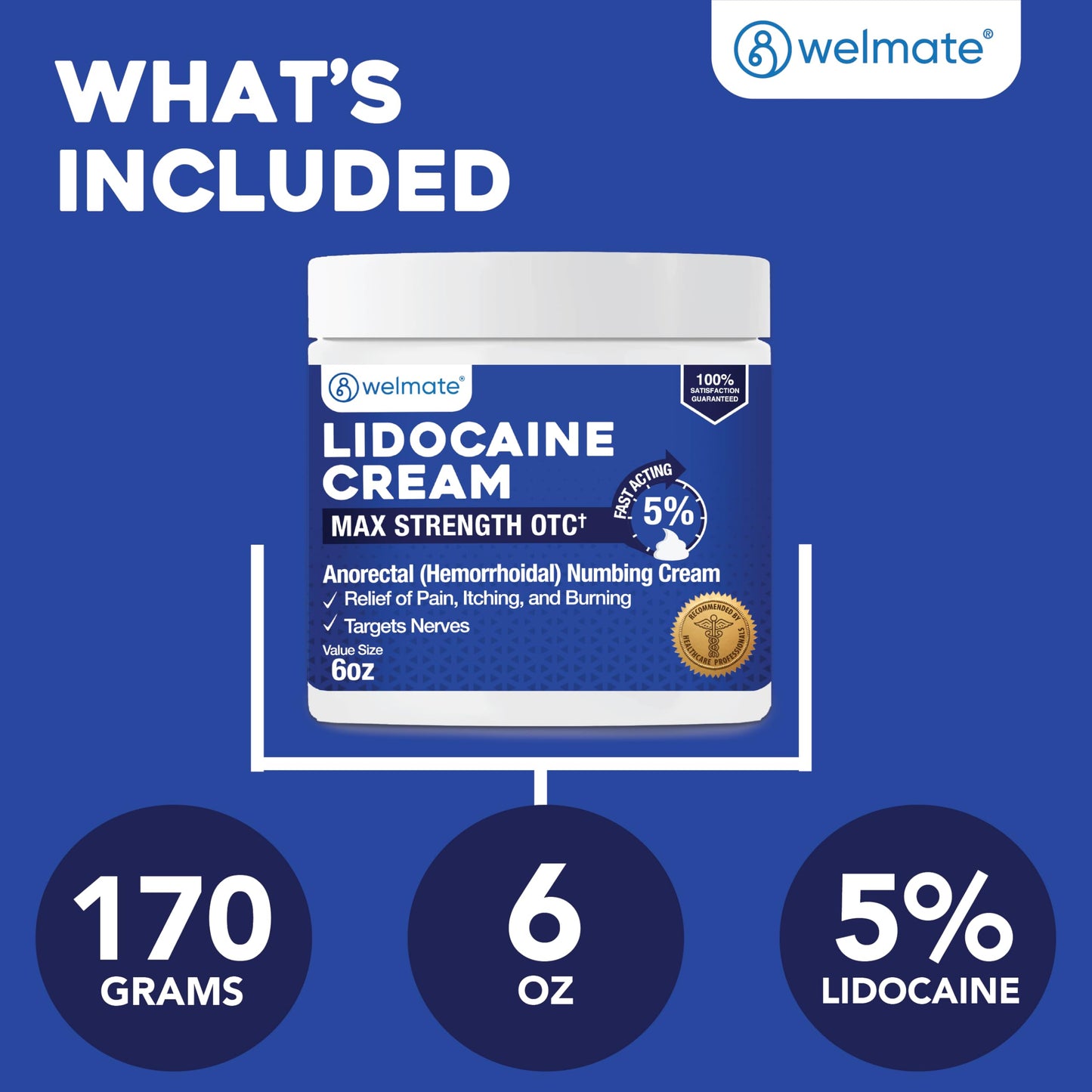 WELMATE 5% Lidocaine Hemorrhoid Numbing Cream, 2 Pack – 6 oz (170 g) Each – Maximum Strength Topical Anesthetic for External Hemorrhoid Relief – Vitamin E – Child-Resistant, Non-Greasy