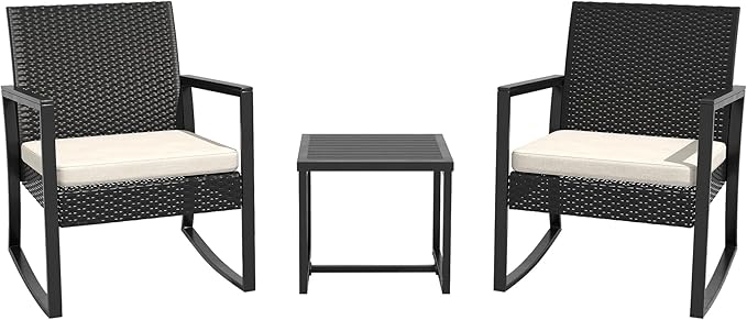 ELEGIBLISS 3 Pieces Outdoor Patio Set -Wicker Rattan Chair Conversation Set with Glass Table for Poolside Yard Rocking Chair Set for Bistro Garden Front Porch All Weather Patio Furniture Set