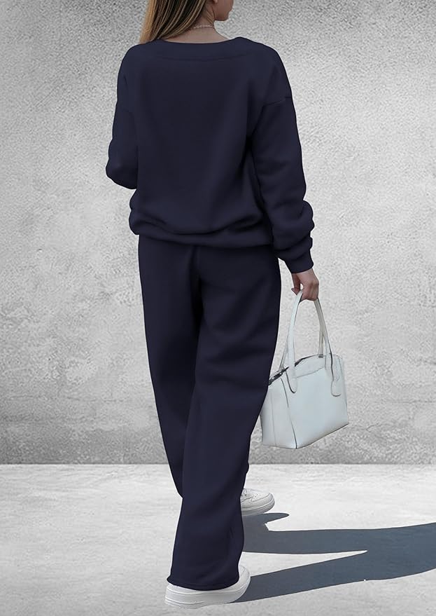 PRETTYGARDEN Casual Winter Two Piece Sets for Women 2026 V Neck Sweatshirt Loose Wide Leg Pants Tracksuit Knit Fall Outfits