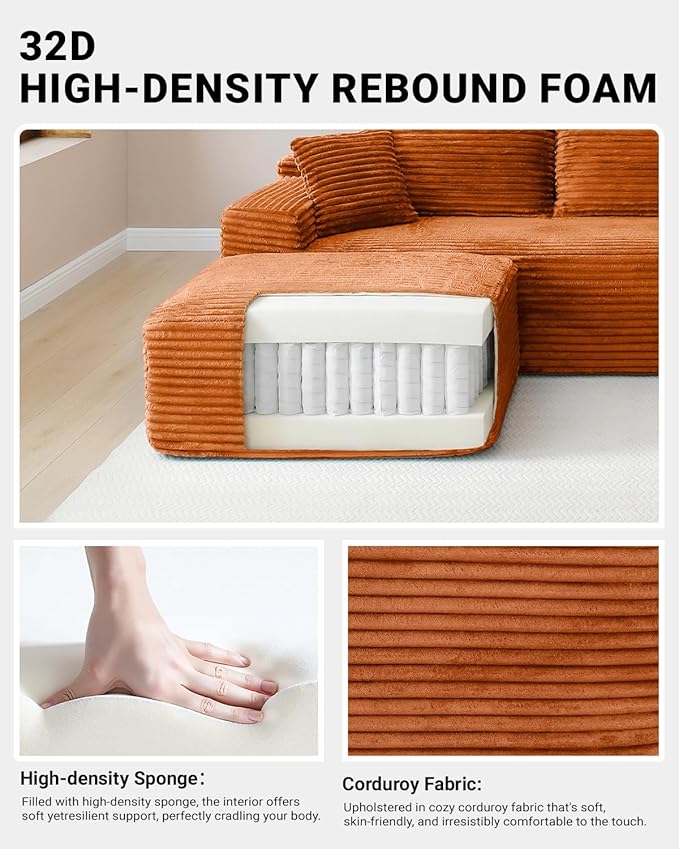 132" Modular Sectional Sleeper Sofa, Boneless Cloud Couch for Living Room, U Shaped 5 Seat Sofa with 2 Cup Holders, Free Combination, No Assembly Required (Orange)