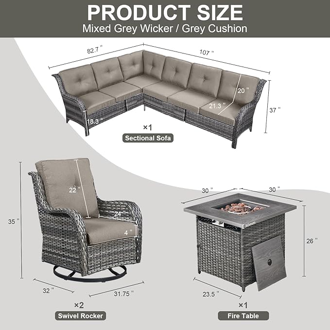 Belord Outdoor Sectional Sofa Furniture Set with Propane Fire Pit Table, Wicker Patio Conversation Set with 2 Swivel Glider Rocker Chairs Grey Cushion Perfect for Backyard Casual Gathering