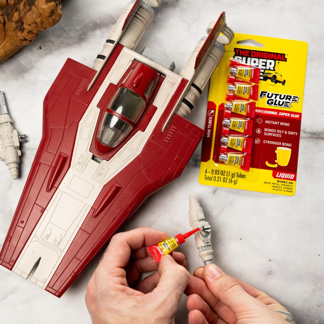 Super Glue Future Glue Liquid 6 Mini Single Use Tubes, Clear, Instant Bonding, Fast Dry, Professional Cyanoacrylate Adhesive, Great for Wood, Metal, Plastic, Crafts, Ceramic, and Toy Repairs