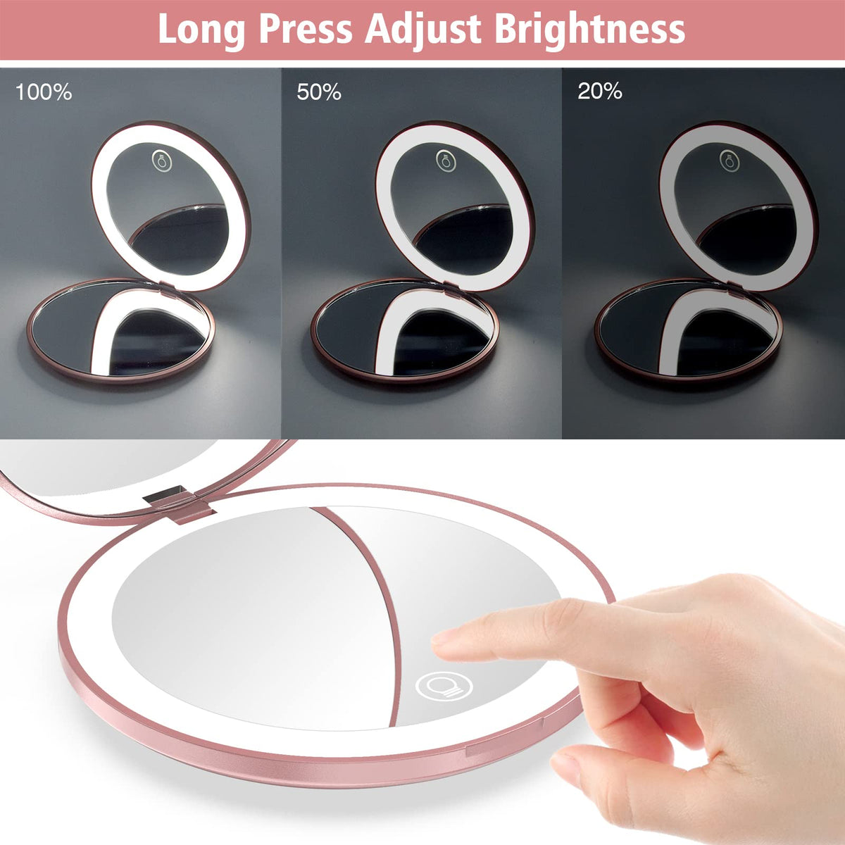 wobsion Travel Mirror with Light, Rechargeable 1x/10x Compact Magnifying Mirror, Dimmable Pocket Mirror,3.5inch Travel Size,Port