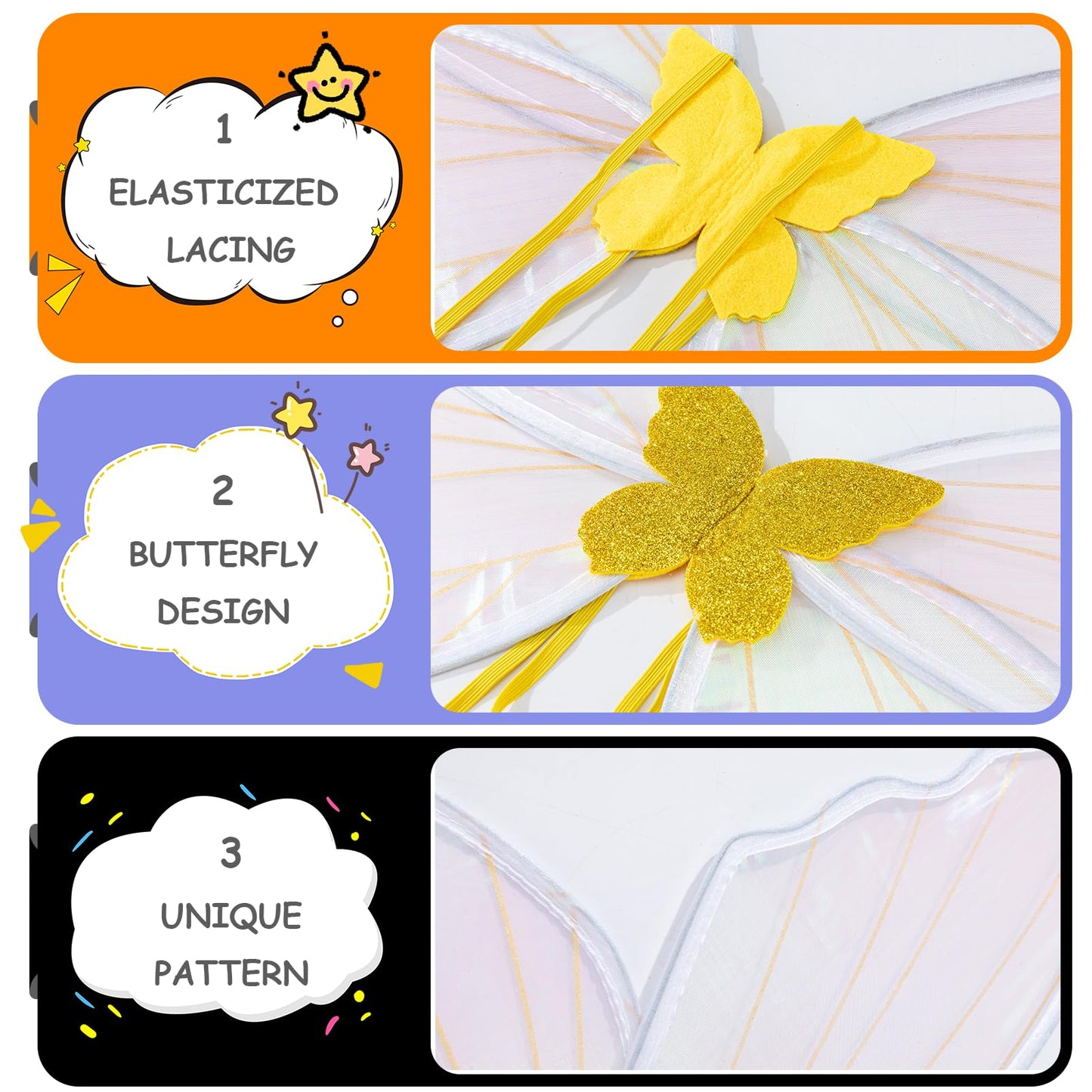 Fairy Wings for Adults and Girls，Fairy Costume Set with Floral Garland, Fairy Hair Tinsel, Wand & Elf Ears – 19"x24" Organza Butterfly Wings – Ideal for Cosplay, Party, Gold