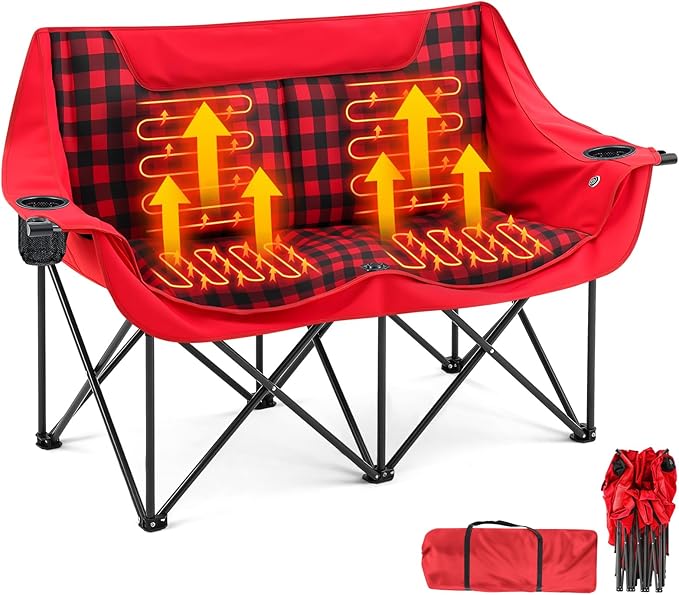 Padded Heated Double Camping Chair for Adults, 4 Heating Zones & 3 Heat Levels, Padded Loveseat Oversize Folding Chair Por...