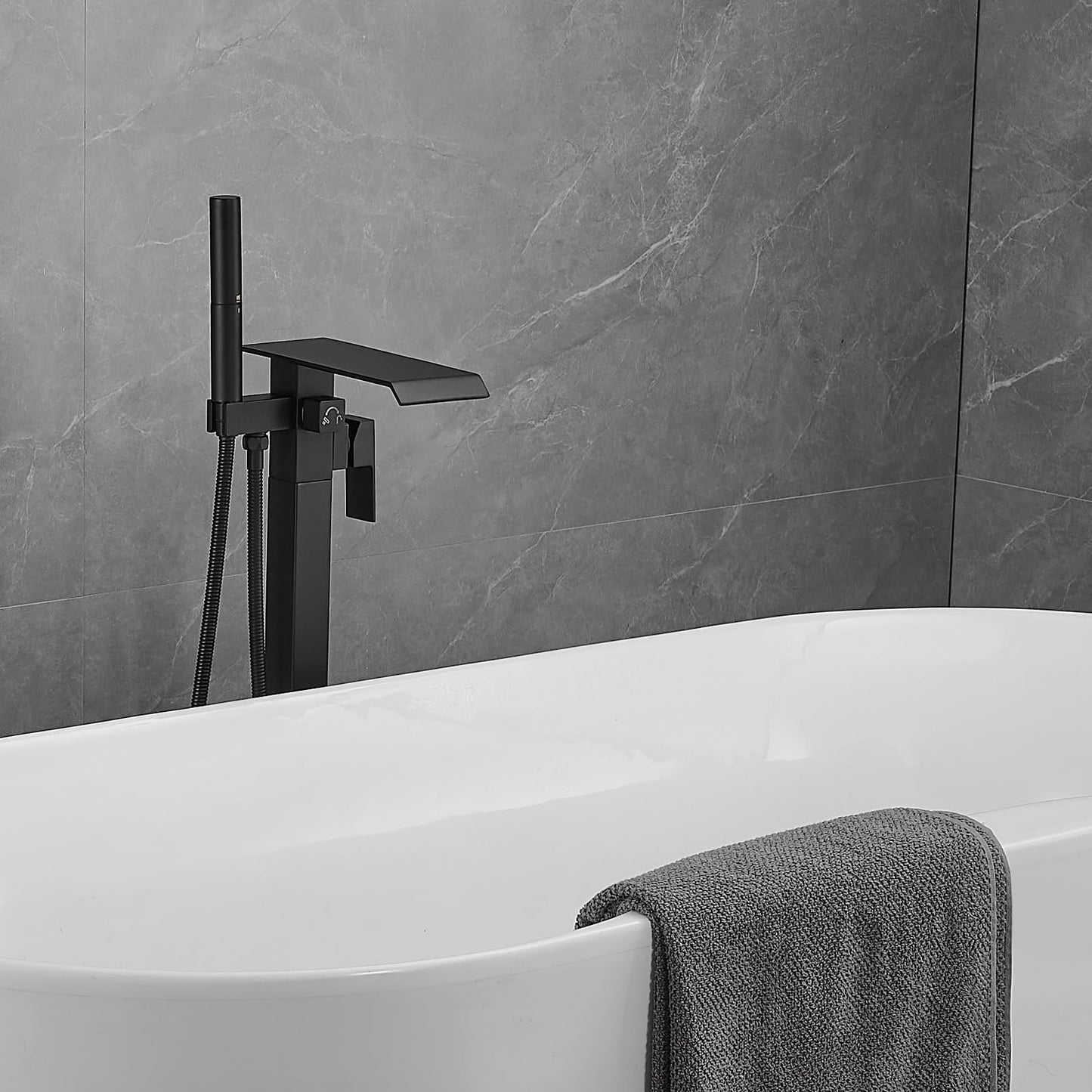 Kroias Matte Black Freestanding Waterfall Bathtub Faucet High Flow Standing Tub Filler Floor Mount Brass Stand Bathtub Filler Single Handle Bathroom Floor Mounted Tub Faucets with Handheld Shower