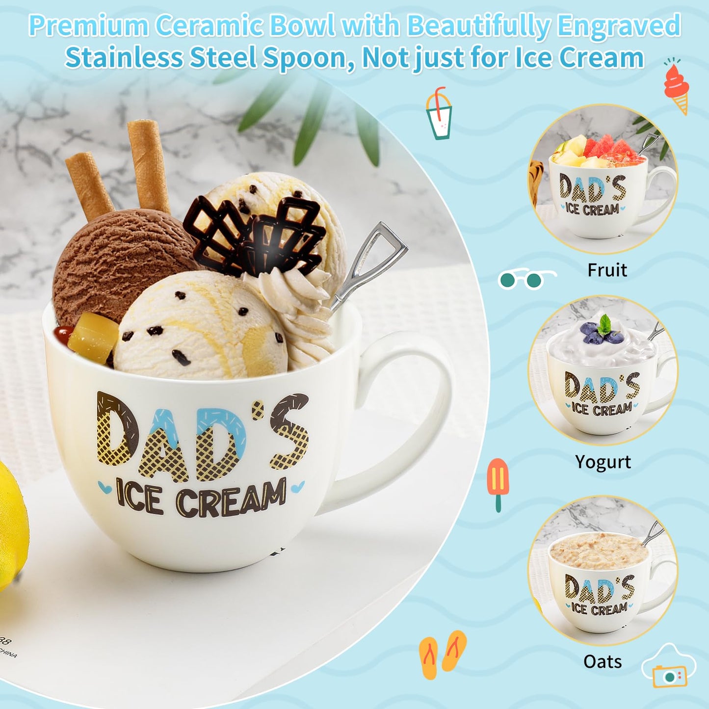Hithespo Gifts for Dad from Daughter Son Wife, Dad’s Ice Cream Bowl Engraved Shovel Set, Dad Birthday Gifts, Personalized Gift for Dads Anniversary Fathers Day, Gift for Step/New/Bonus Dads Papa, 24oz