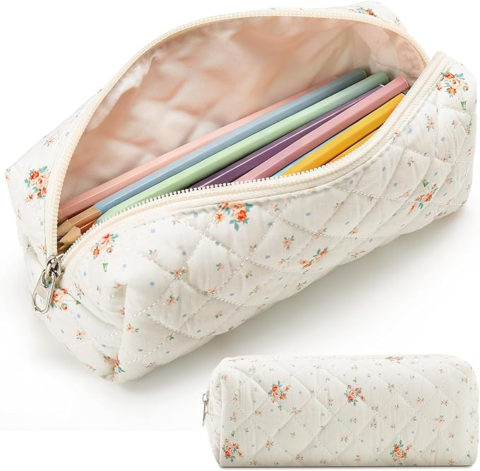 Paterr Aesthetic Floral Makeup Bag Travel Cosmetic Bag for Women Gift Christmas Portable Quilted Makeup Pouch Cotton Pencil Case Kawaii Cute Toiletry Organizer Case for Women Girls(White Flower)