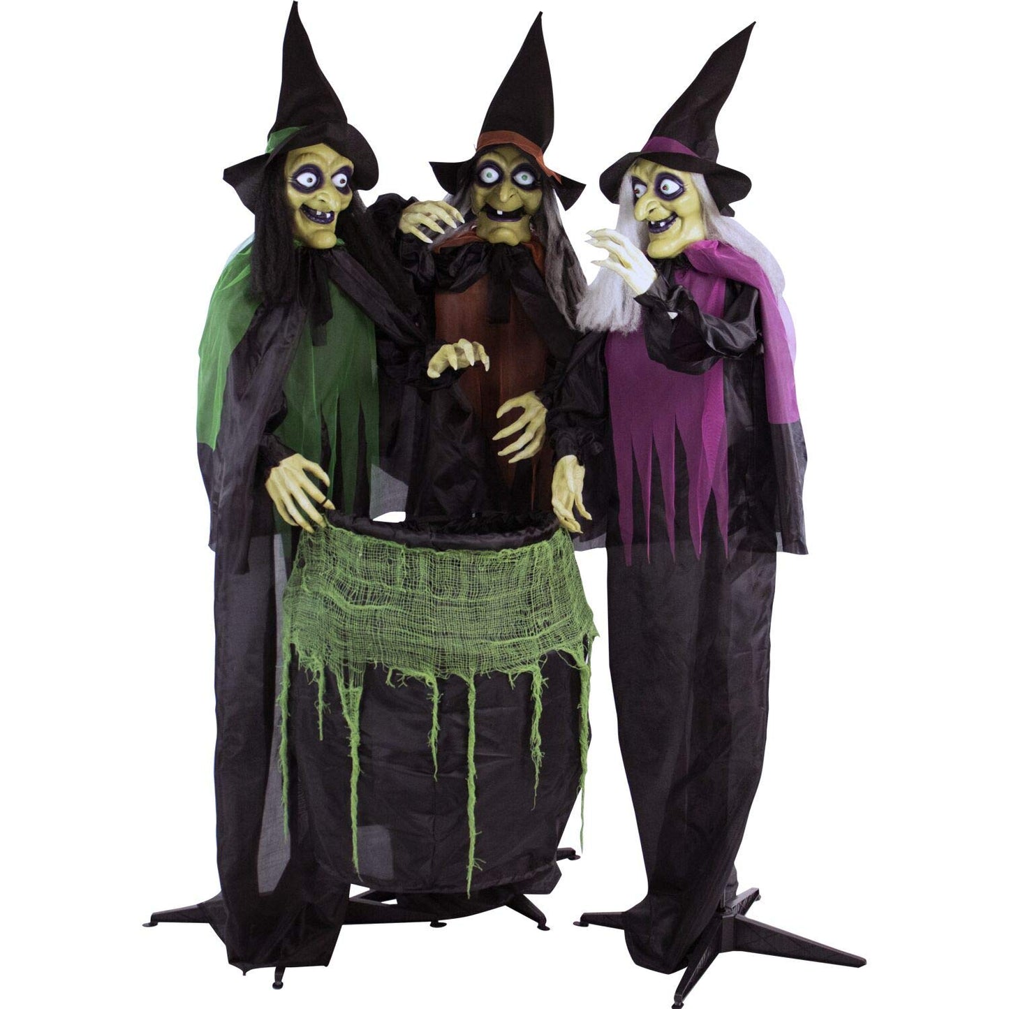 Haunted Hill Farm Life-Size Scary Talking 3 Witches with Cauldron Halloween Animatronic, Indoor or Covered Outdoor Poseable Halloween Decorations with Light up Eyes and Sound, Battery Operated
