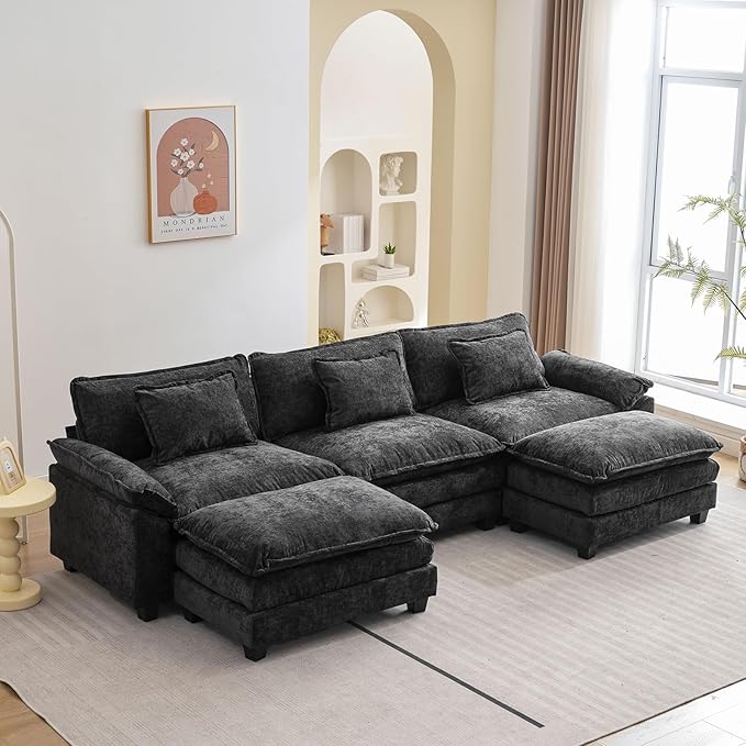 Oprisen 120" Modular Sectional Sofa, Comfy Cloud Couch Sectional Sofa with Ottoman, Chenille Sofa Sleeper Deep Seat Sofa with Throw Pillows for Living Room (Black, 120"- U Shape)