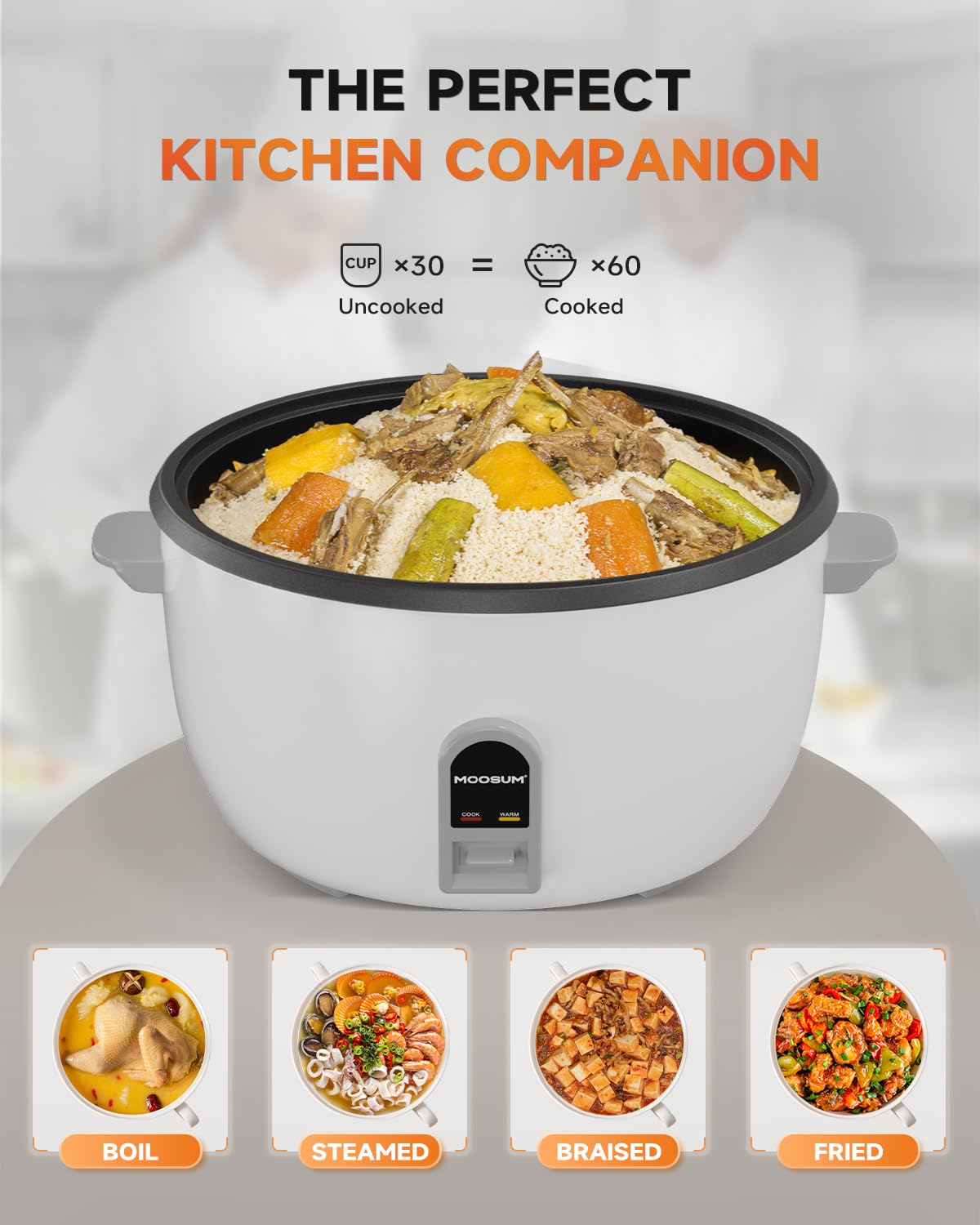 MOOSUM Commercial Rice Cooker, Large Capacity 30-Cup (UnCooked), 60-Cup (Cooked) with One Touch Operation and 12-Hour Keep Warm, Easy to Use and clean,1600W
