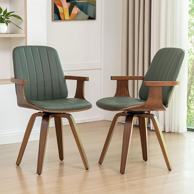WUPOTO MCM Dining Chairs, Set of 6 Mid Century Modern Chairs with Walnut Craftsmanship, Upholstered Faux Leather, Wooden Arms and Legs, Faux Leather Dining Chairs for Kitchen/Living Room - Green