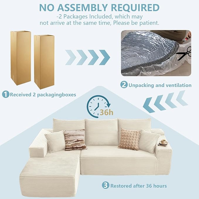 107" W Cloud Sectional Couch with L-Shape Chaise, Modern Corduroy Boneless Couch for Living Room,Memory Foam Sofa with Deep Seat,No Assembly Required (White,Left-Facing Chaise)