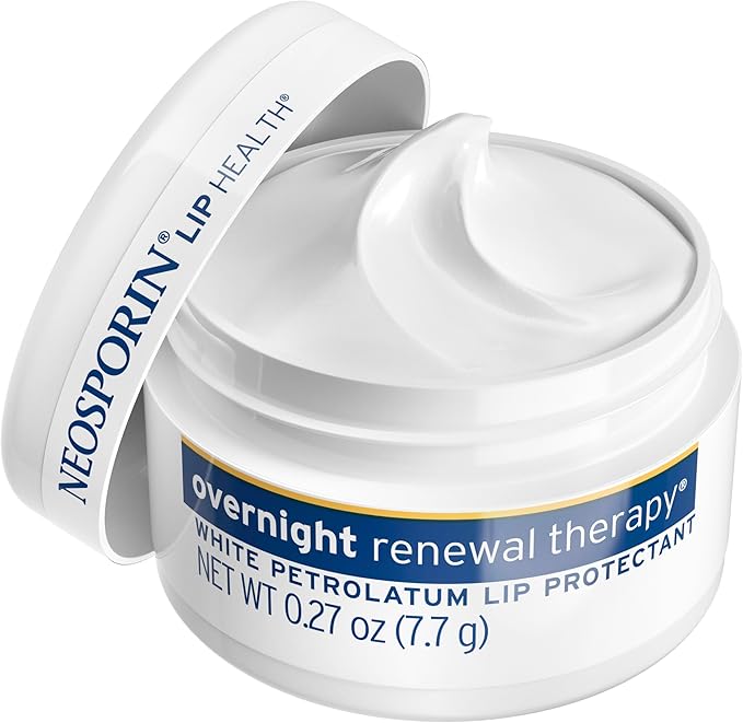 Neosporin Lip Health Overnight Renewal Therapy White Petrolatum Lip Protectant/Moisturizer to Nourish & Repair Dry Lips, Helps Relieve, Prevent & Protect Chapped Lips, 0.27 oz, 2 Pack