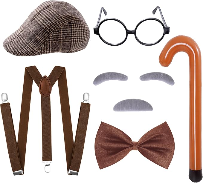 7 PCS 100 Day of School Costume Old Man Costume Grandpa Costume Accessories Set 1920s Old Man Costume Set with Hat