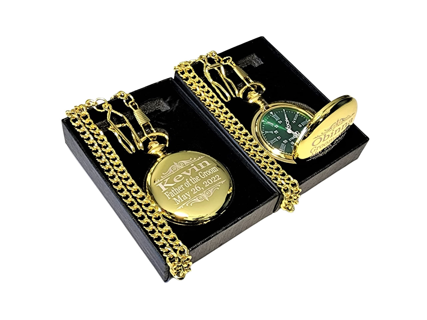 1 Engraved pocket watch - Comes with fitted custom box, chain and engraving - Green dial with Silver roman numerals - Personalized Wedding gifts (Rose Gold)