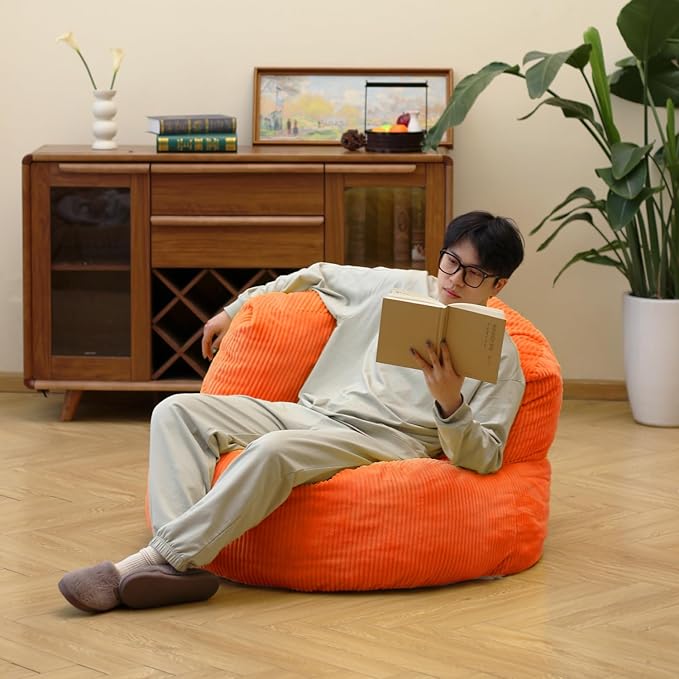 N&V Large Crescent Bean Bag Chair, Adult Size Bean Bag Sack, Foam Filling, Soft Premium Corduroy Bean Bag for Living Room Bedroom Dorm and Office (Tangerine)