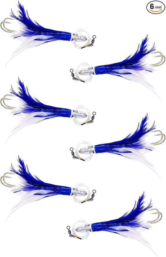 6” Sanhu Tackle Premium Tuna Feathers, 6 Pcs Blue/White Rigged, Saltwater Fishing Lures for Trolling