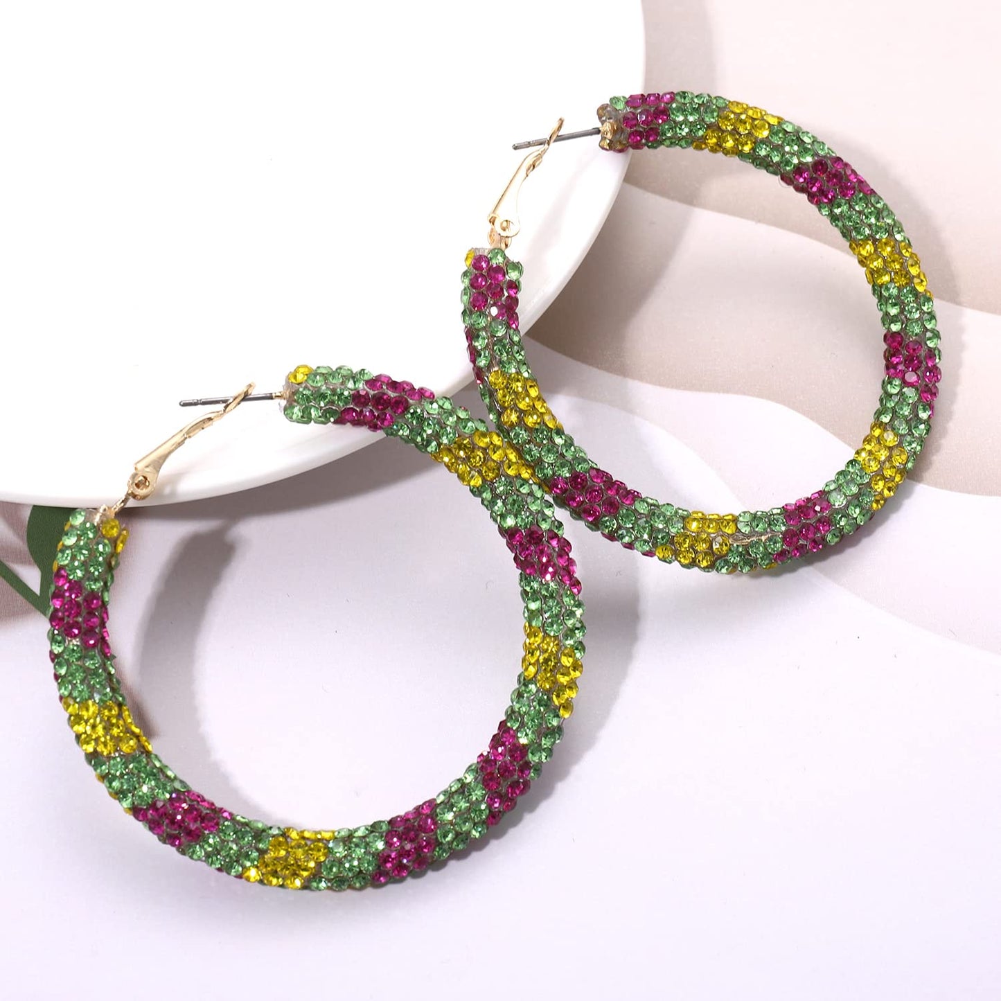 NLCAC Mardi Gras Earrings Sparkle Resin Rhinestone Wrapped Hoop Dangle Earrings for Women (Mardi Gras Purple Green Yellow)