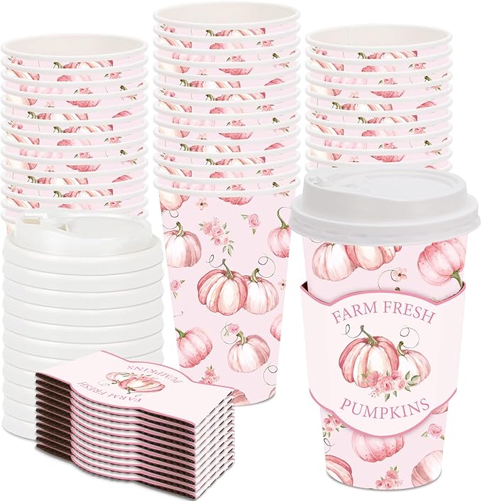 JarThenaAMCS 48 Set Fall Little Pumpkin Disposable Coffee Cups with Lids and Sleeves Pink Pumpkin Flower Paper Cups Fall D...
