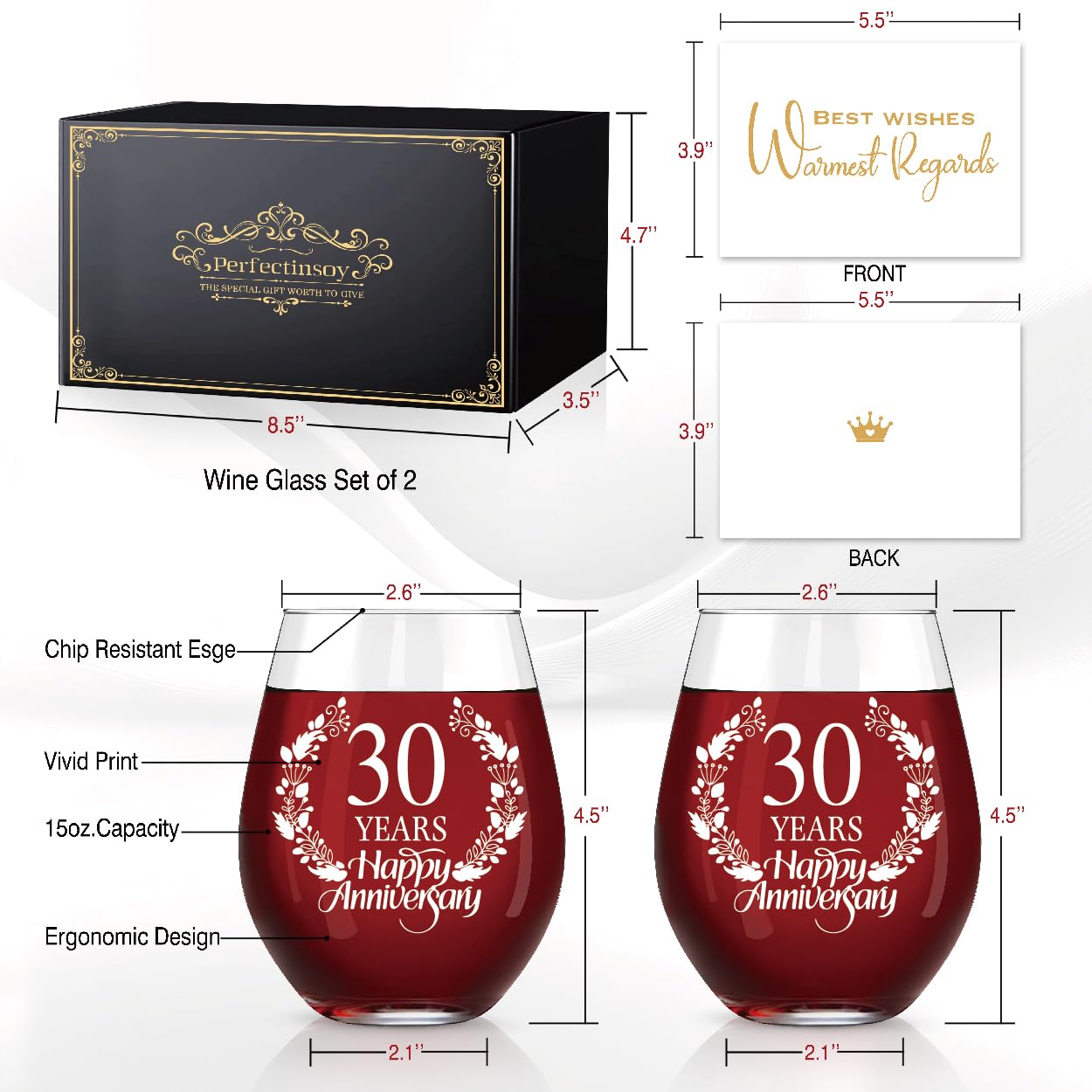 Perfectinsoy 30 Years Happy Anniversary Wine Glass Set of 2, 30th Anniversary Wedding Gift For Mom, Dad, Wife, Soulmate, Couple, Funny Vintage Unique Personalized, 30 Years Gifts