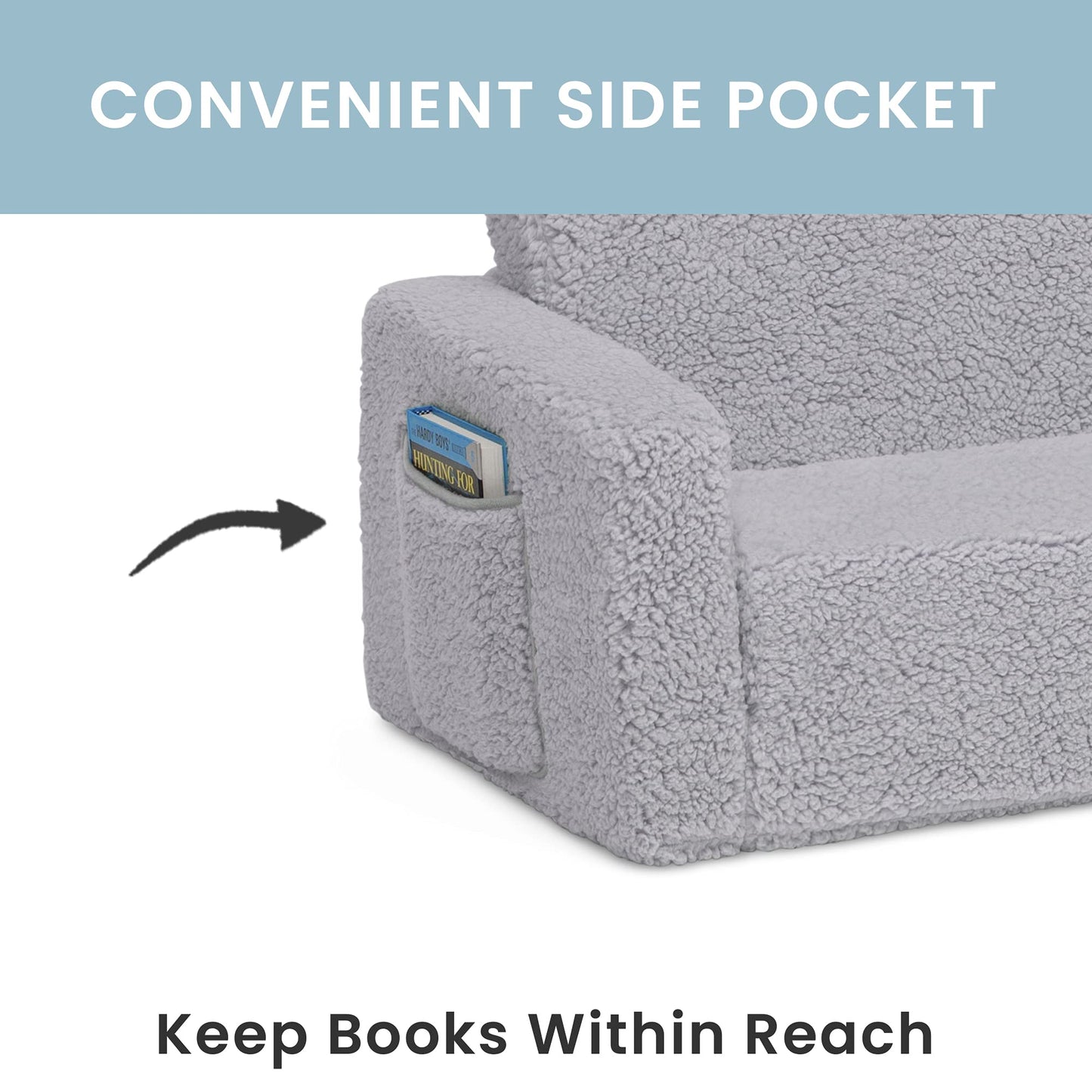 Delta Children Cozee Flip-Out Sherpa 2-in-1 Convertible Sofa to Lounger for Kids, Grey