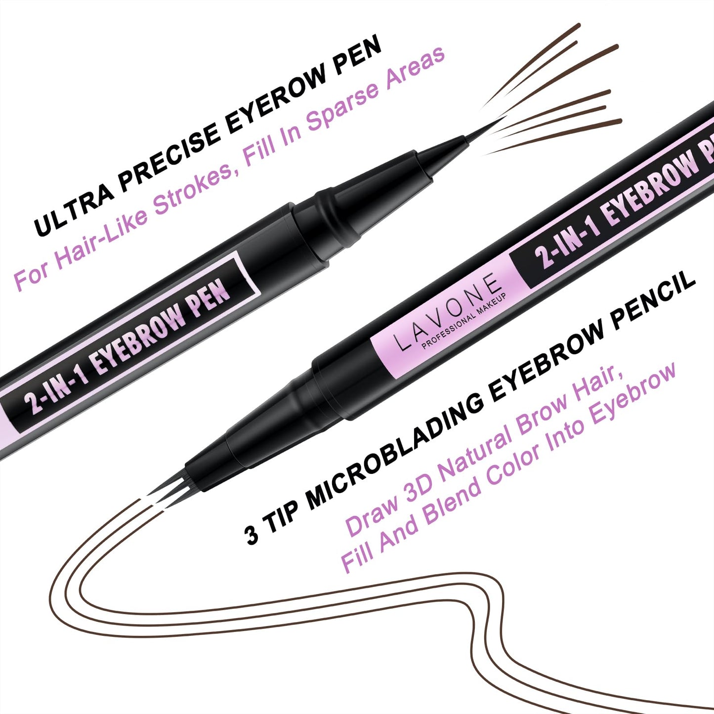 LAVONE 2-In-1 Waterproof Eyebrow Pen, with 3 Tip Microblading Pen and Ultra-Precise Brow Pencil, Dual-ended Eyebrow Brush - VBK