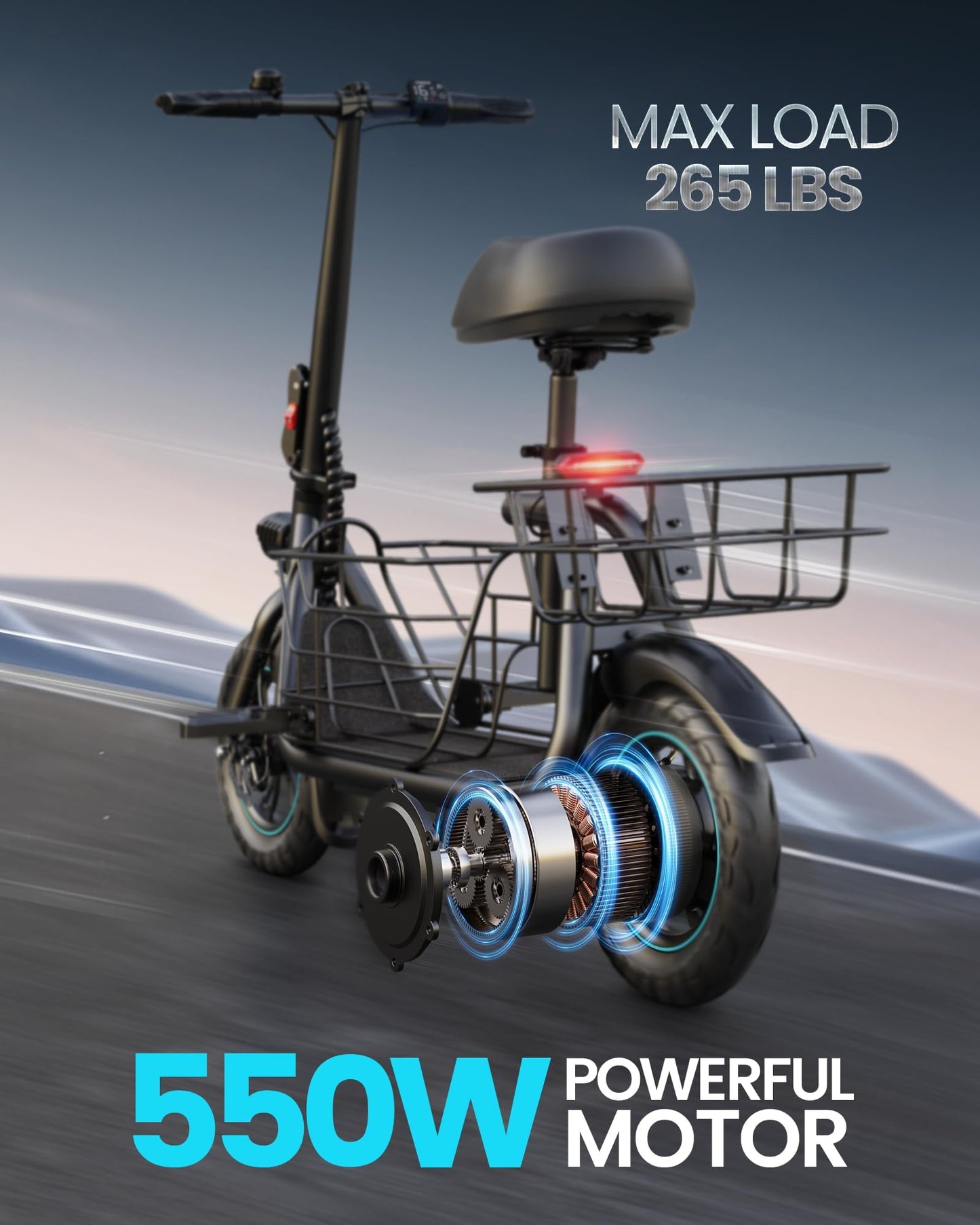 Gyroshoes C1S Electric Scooter for Adults with Seat & Large Basket, 550W Motor, 20 Mile Range, 19MPH, Foldable E-Scooter for Commuting, Pets Dog, Grocery Shopping, Dark