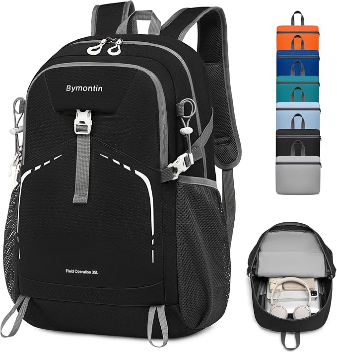 Bymontin 35L Lightweight Packable Backpack – Durable Foldable Daypack for Travel, Hiking, and Gym (Black)