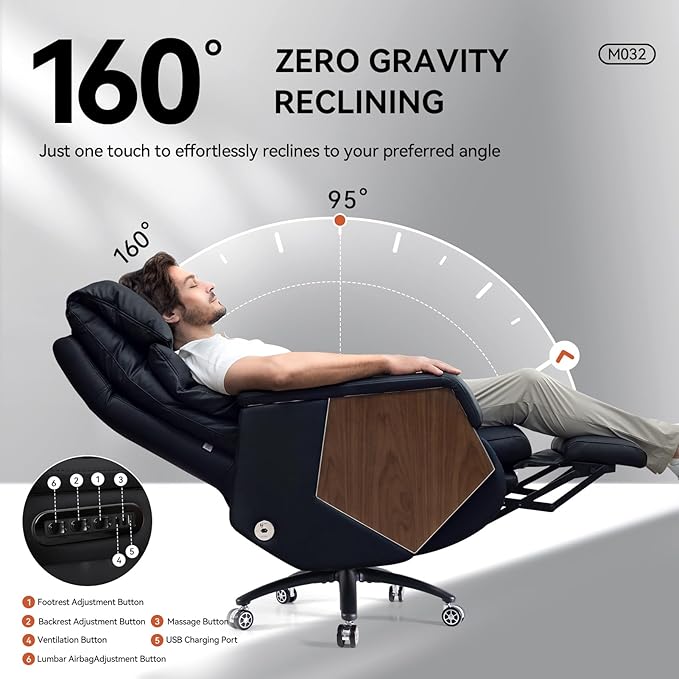 EMIAH Ergonomic Executive Office Chair with Footrest Electric Reclining Big and Tall Office Chair with Massage and Adjustable Lumbar Sopport Comfortable Desk Chair, Genuine Leather (Black)