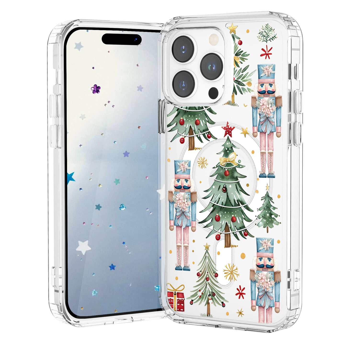 VibrantFruitique Christmas Case for iPhone 14 Plus,Nutcracker Xmas Tree Clear Magnetic Case,Compatible with MagSafe,Soft TPU Bum