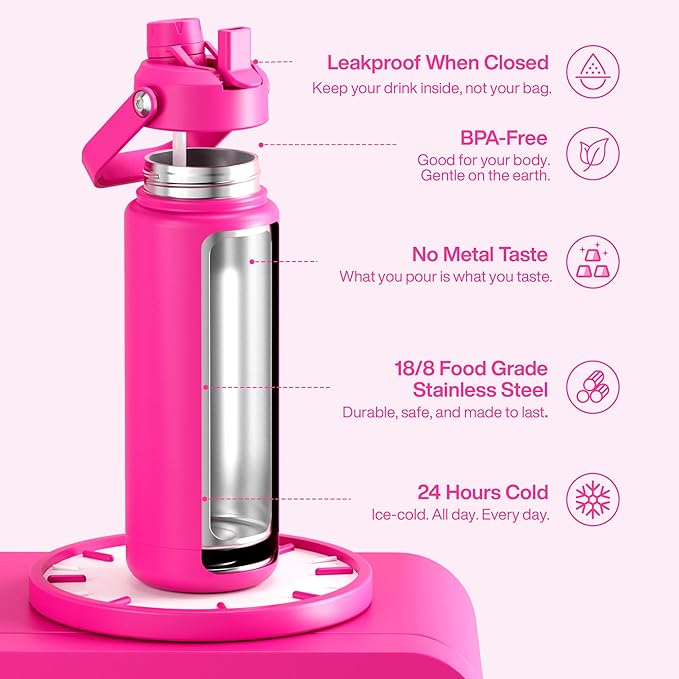 ENCOOL Insulated Water Bottle with Straw Stainless Steel Water Bottle, Leak-Proof, BPA-Free, Double Wall Vacuum Keeps Cold for 24 Hours for Sports, Travel, School (32 oz, Persian Rose)