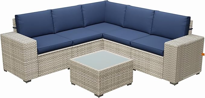 Broivira 6 Piece Patio Furniture Set, 9.8" Wide Arm Sectional Sofa with Storage Armrests, All-Weather Rattan Outdoor Conversation Set for Garden, Porch, Lawn, Backyard, Balcony, Blue