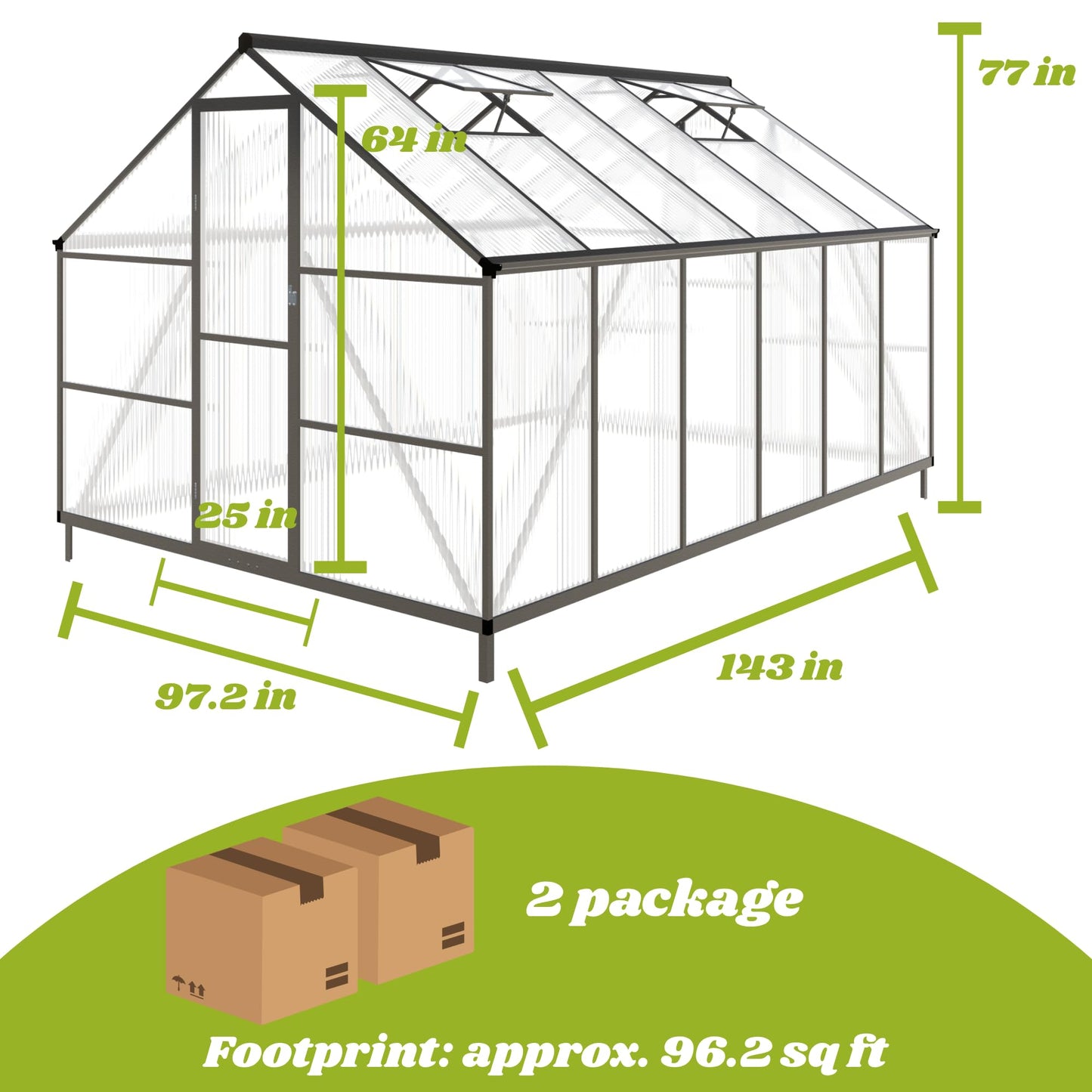 8x12 FT Greenhouses for Outdoors, Polycarbonate Greenhouse with PC Panels, Greenhouses for Outdoors for Yard, Garden, Hobby, Dark Gray