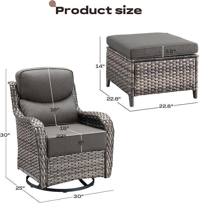 Rilyson Outdoor Patio Furniture Set - Weather Resistant Wicker,High Back,6 inch Cushions,4 Piece Patio Furniture Set with Swivel Rocker Chairs and Ottomans for Deck Porch Yard,Mixed Grey/Grey