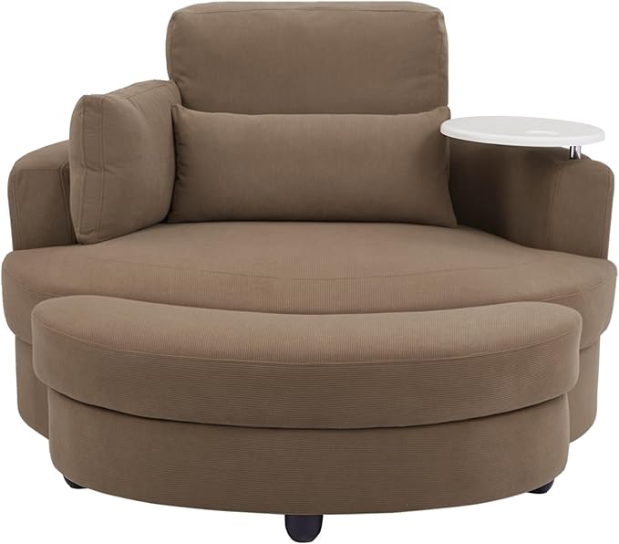 Yoglad Oversized Round Swivel Accent Chair - 360 Degree Chairs with Ottoman Armrest Tray Ideal for Living Room, Bedroom(Corduroy Brown)